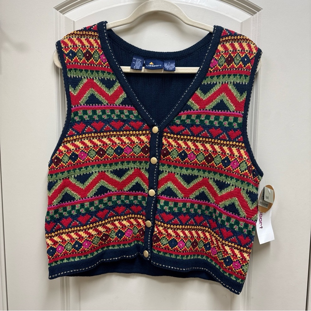 VTG Holiday Lizsport Seasons Greetings Sweater Vest Women’s Size L NWT